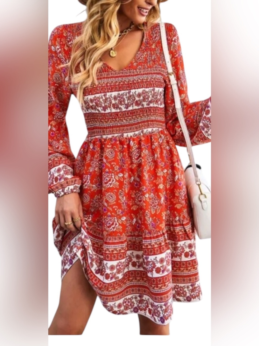 Beachsissi Bohemian Smocked Waist Red Floral Long Sleeve Dress SZ Small EUC